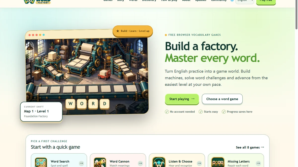 The refreshed Word Factory homepage